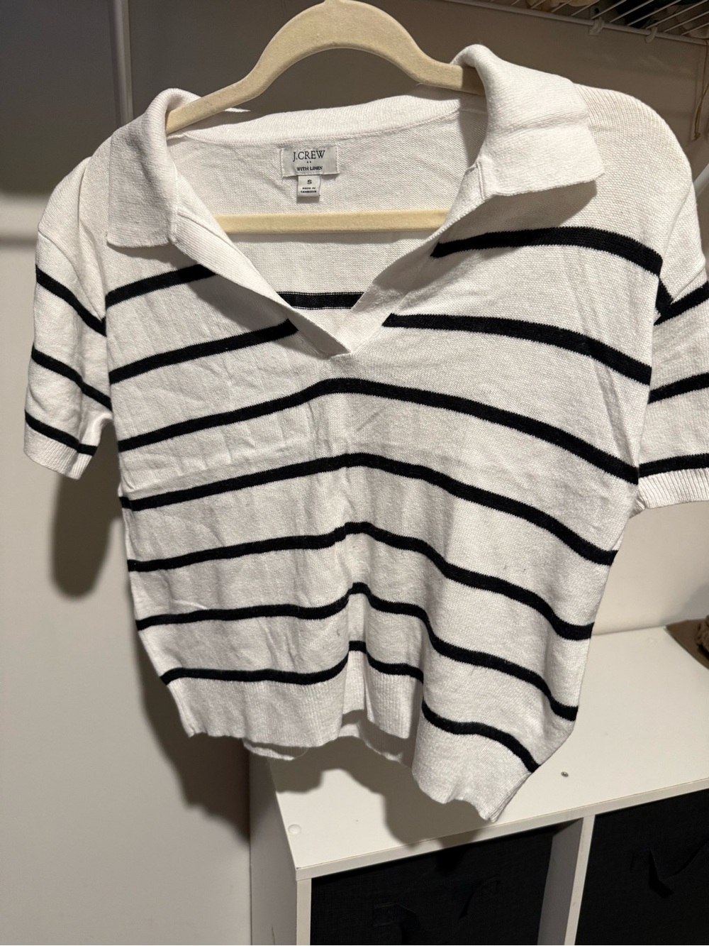 J. Crew White Short-Sleeve Polo Sweater with Black Stripes